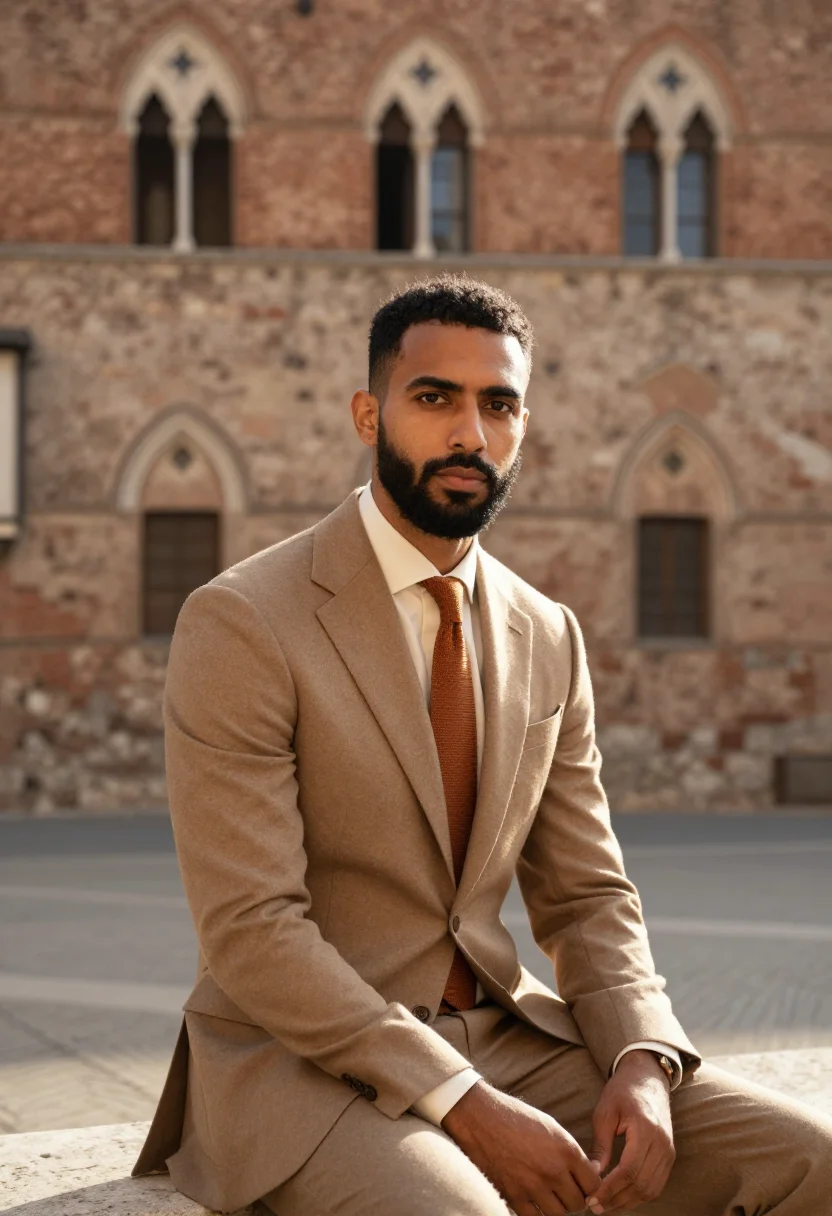 AI siena banker gothic brick sienna sample — portrait of a man, in his early forties, with deep brown ski