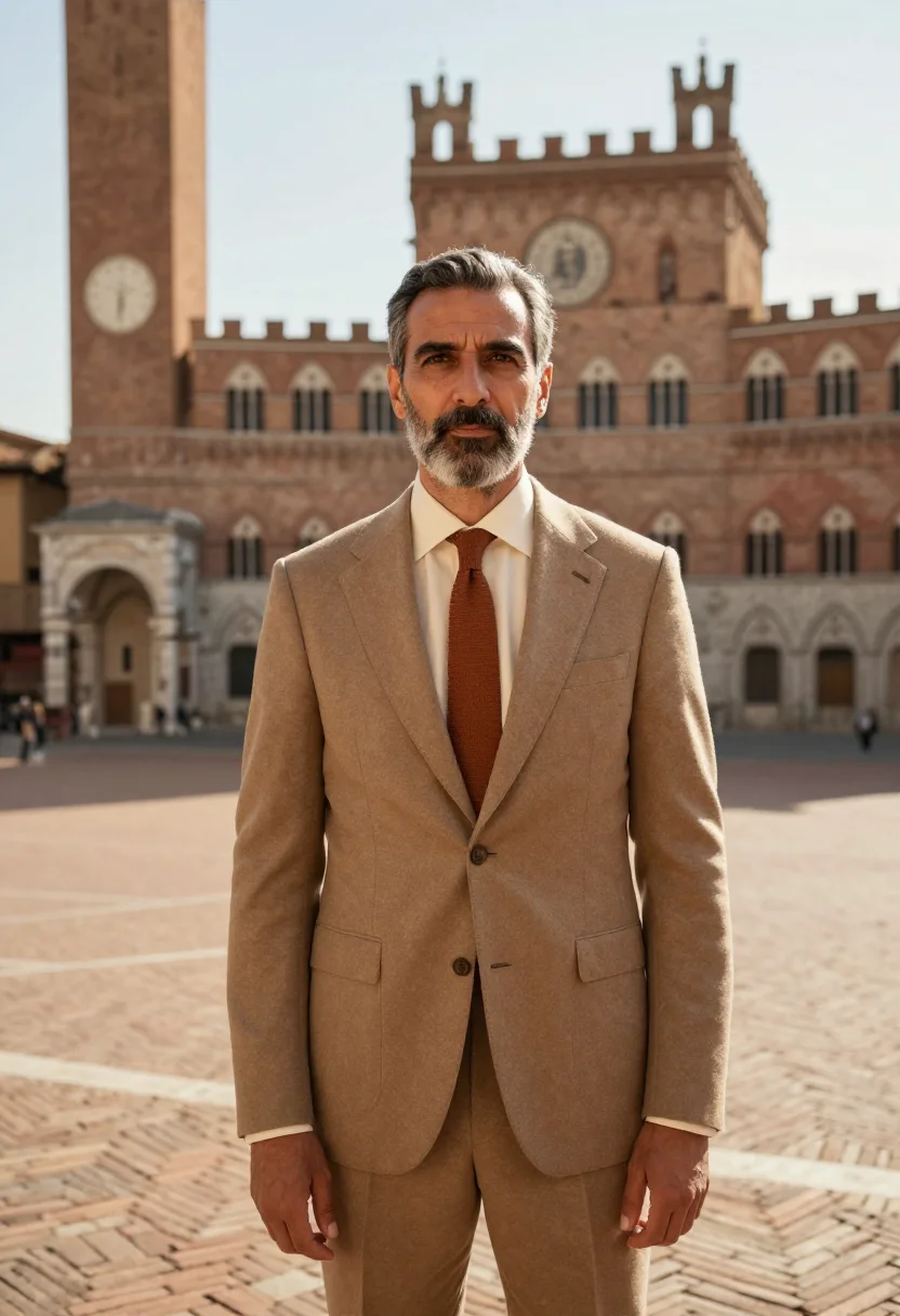 AI siena banker gothic brick sienna sample — portrait of a man, in his early fifties, with olive skin, da