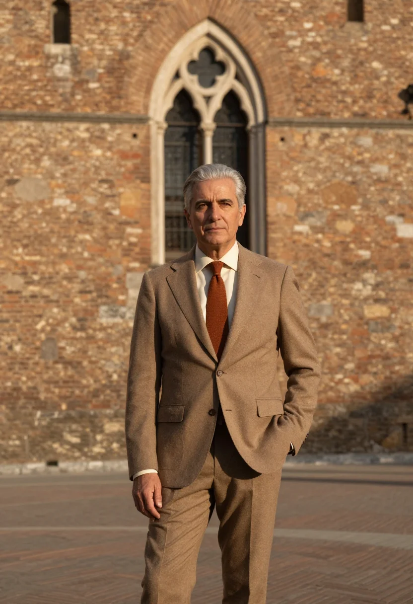 AI siena banker gothic brick sienna sample — portrait of a man, in his early sixties, with golden olive s