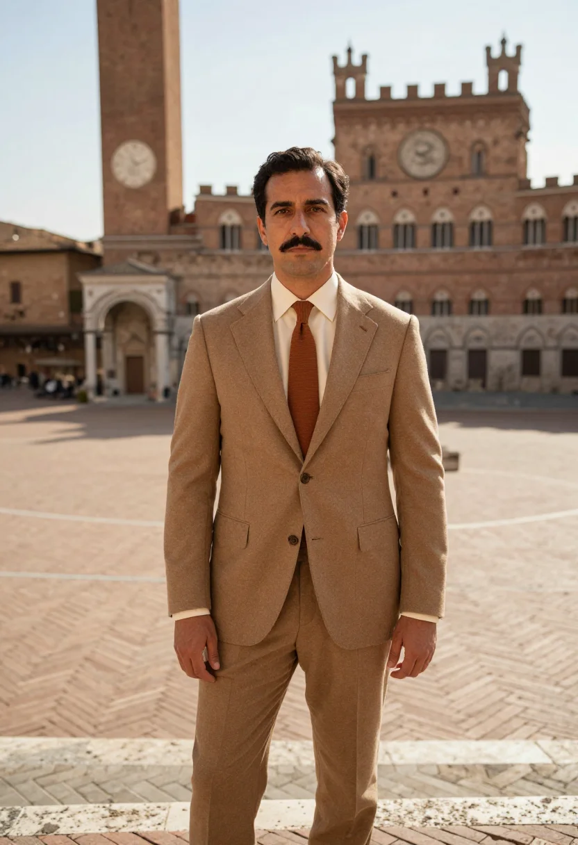 AI siena banker gothic brick sienna sample — portrait of a man, in his mid-forties, with honey-olive skin