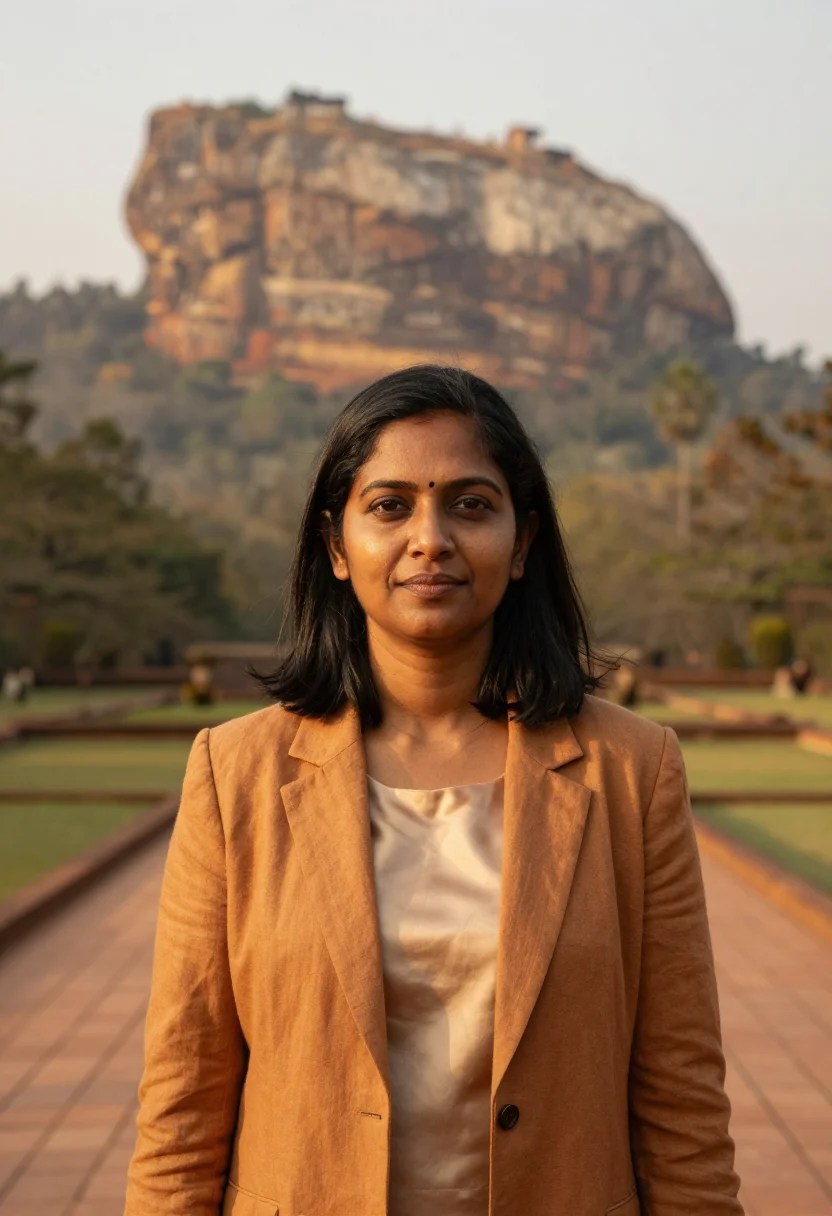 AI sigiriya archaeologist rock ochre sample — portrait of a woman, a Sri Lankan archaeologist in her late
