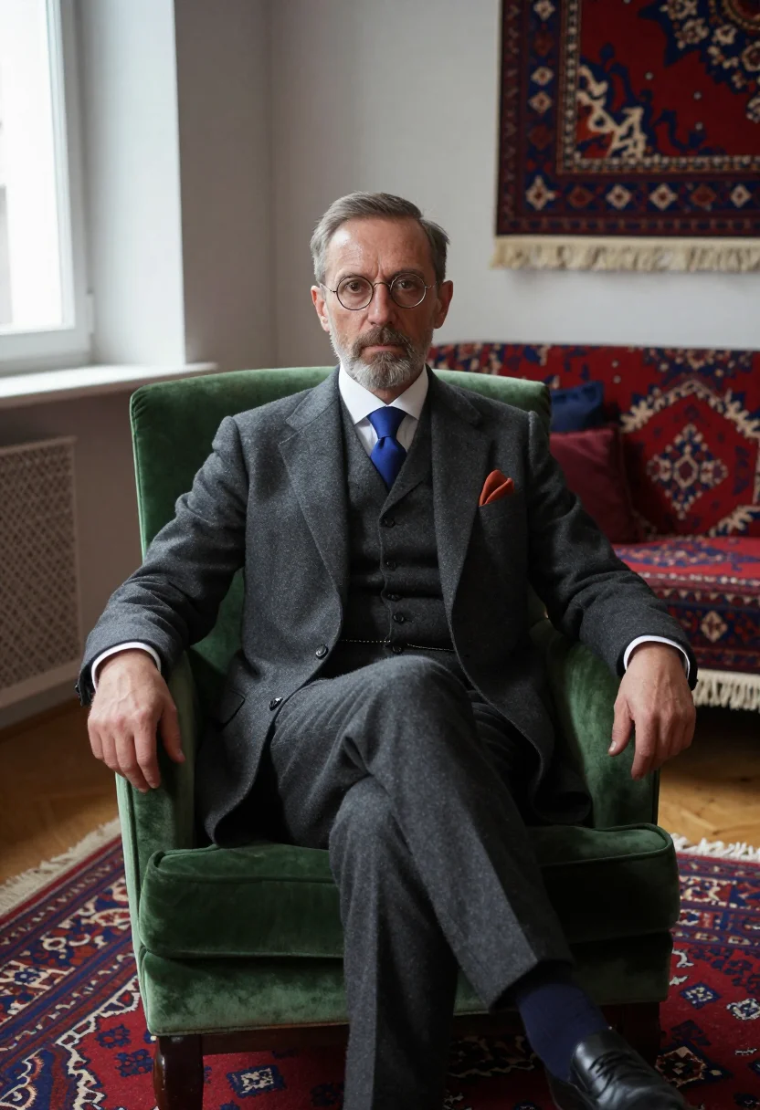 AI sigmund freud berggasse rug palette sample — portrait of a man, framed three-quarter length from the head