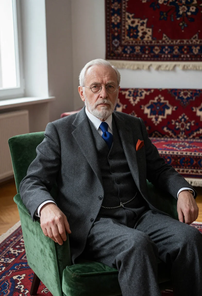 AI sigmund freud berggasse rug palette sample — portrait of a man, framed chest-up, cropped at the ribs, the
