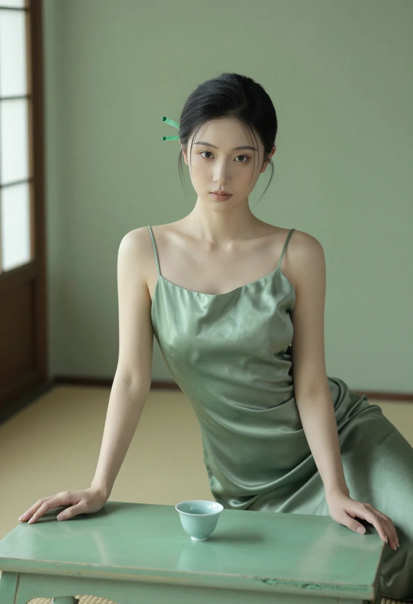 AI silk jade sample — portrait of a woman, chest-up portrait of an East-Asian woma