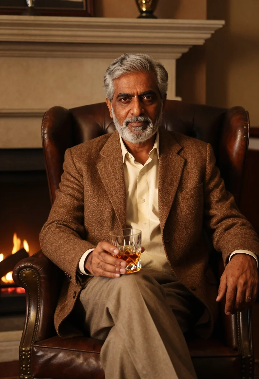 AI silver beard tweed tobacco sample — portrait of a man, framed half-length, seated, from the cros