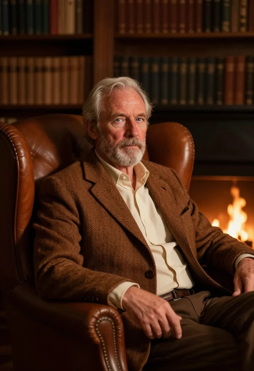AI silver beard tweed tobacco sample — portrait of a man, framed half-length, seated, from the lap