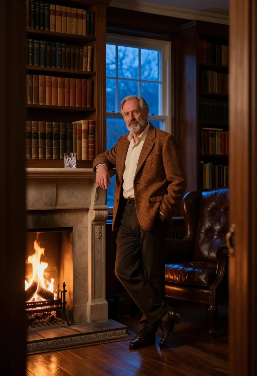 AI silver beard tweed tobacco sample — portrait of a man, framed wide from the doorway, full-length