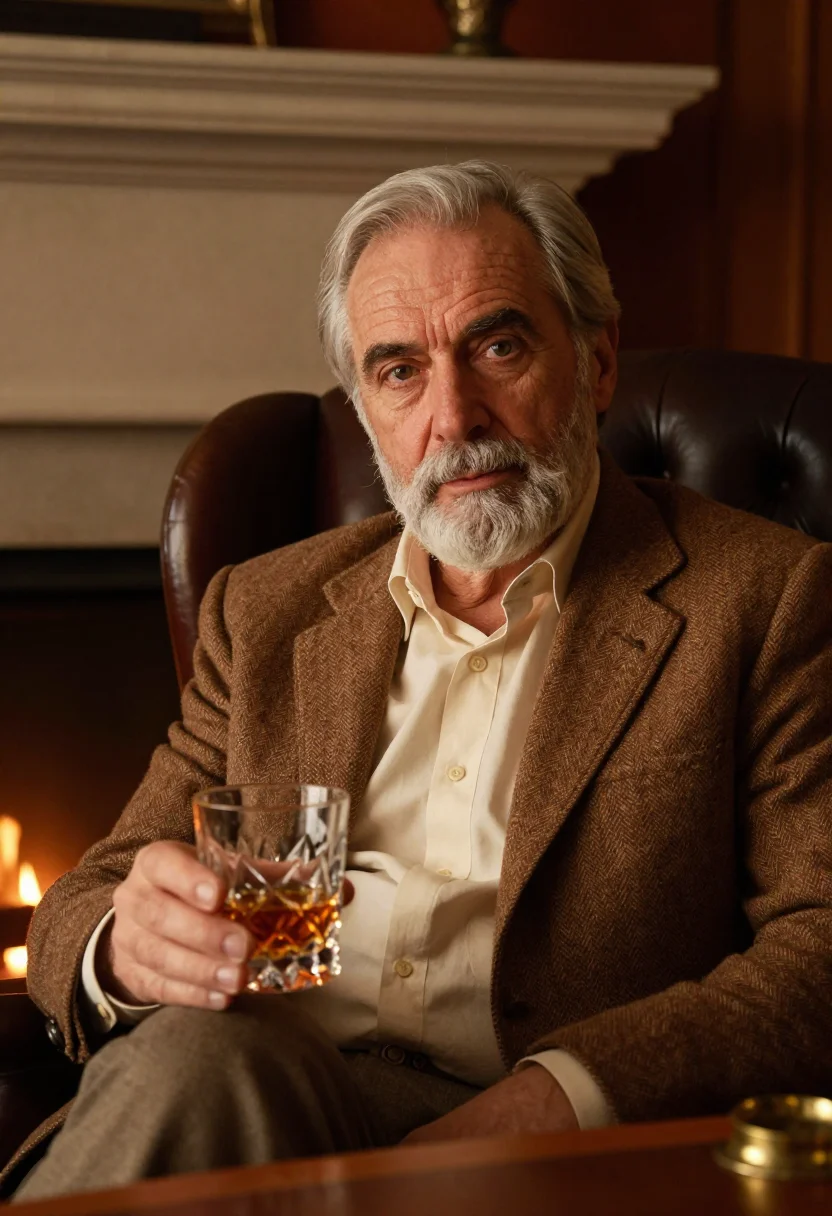 AI silver beard tweed tobacco sample — portrait of a man, framed tight, head and shoulders, the bod
