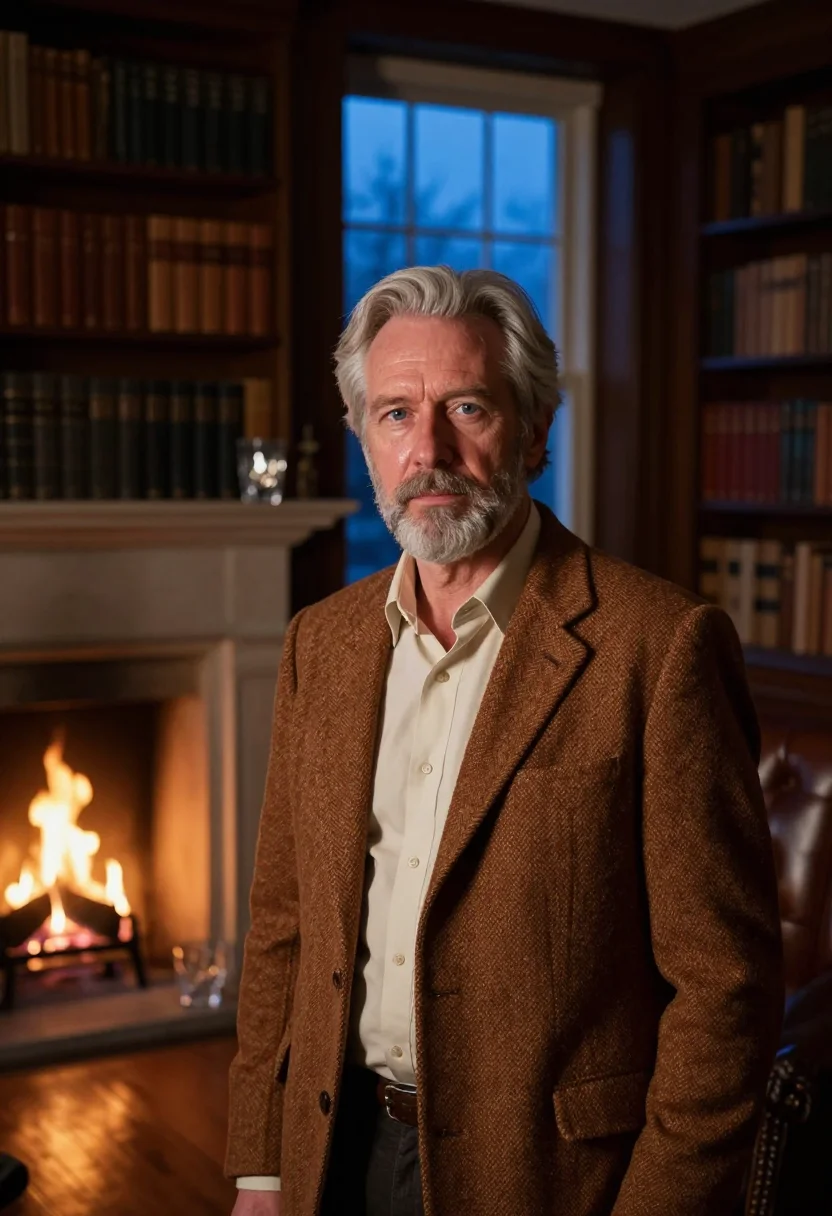 AI silver beard tweed tobacco sample — portrait of a man, framed tight, head and shoulders, the bod