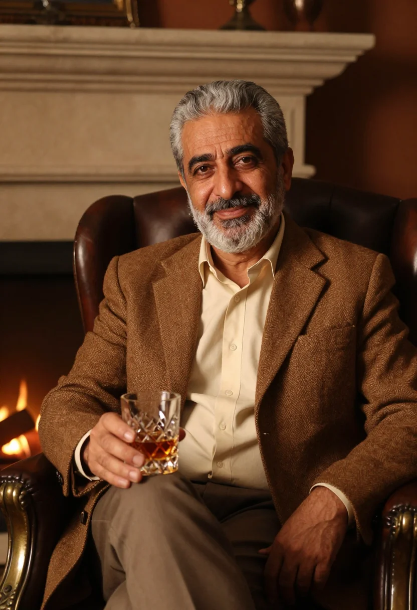 AI silver beard tweed tobacco sample — portrait of a man, framed chest-up from the ribs, the body c