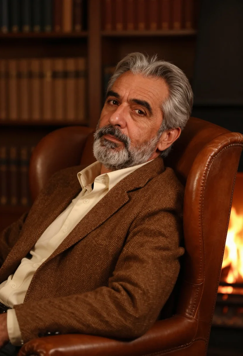 AI silver beard tweed tobacco sample — portrait of a man, framed chest-up from the ribs, the body c