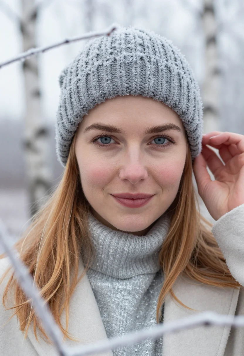AI silver birch frost sample — portrait of a woman, tight headshot of a woman in her early