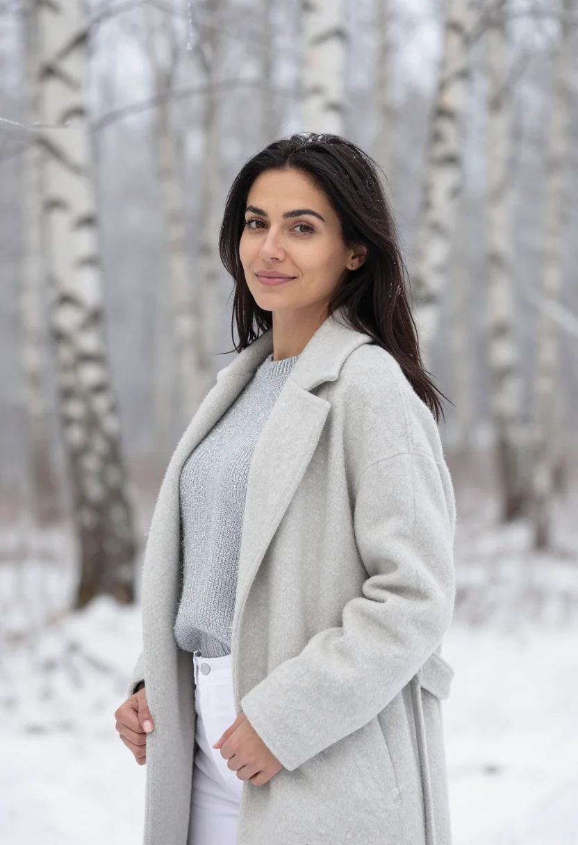 AI silver birch frost sample — portrait of a woman, chest-up portrait of a woman in her ear