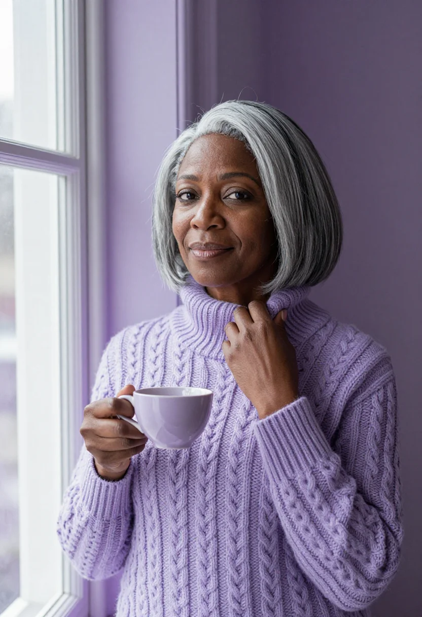 AI silver bob lilac knit sample — portrait of a woman, framed chest-up, the camera at eye heig