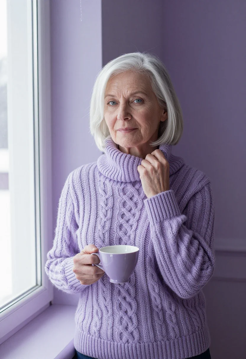 AI silver bob lilac knit sample — portrait of a woman, framed half-length, from the head to th