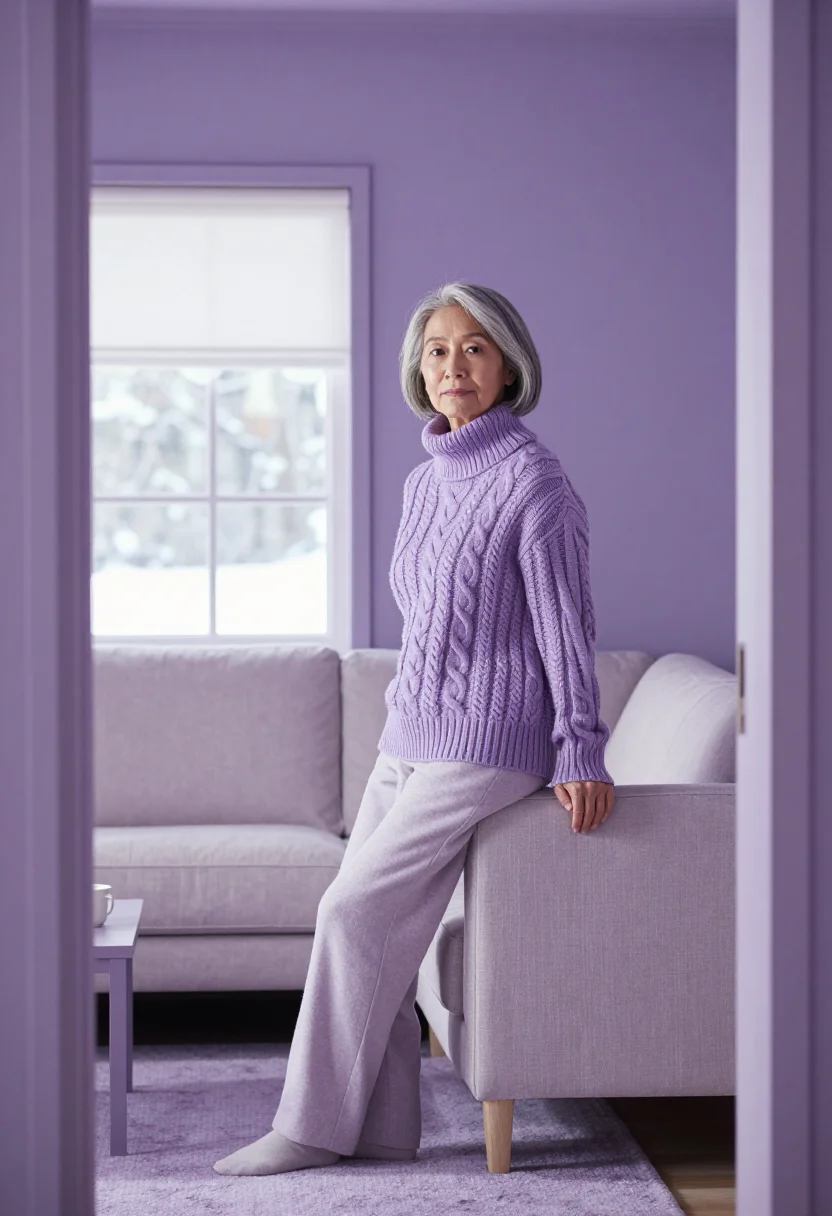 AI silver bob lilac knit sample — portrait of a woman, framed wide from the doorway at standin