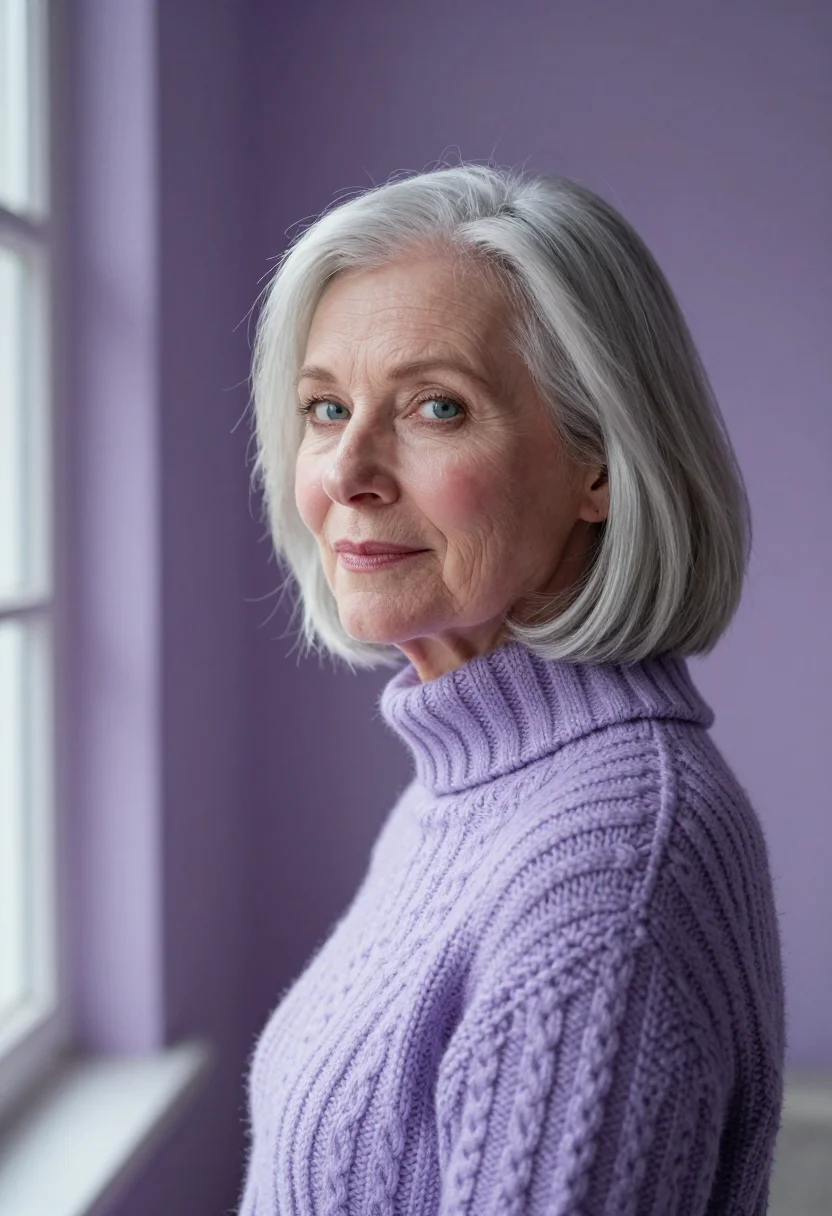 AI silver bob lilac knit sample — portrait of a woman, framed tight, head and shoulders, the b