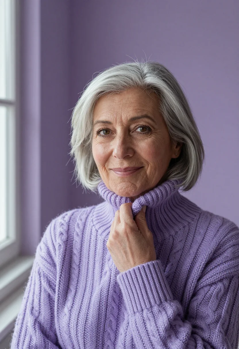 AI silver bob lilac knit sample — portrait of a woman, framed chest-up, the camera at eye heig