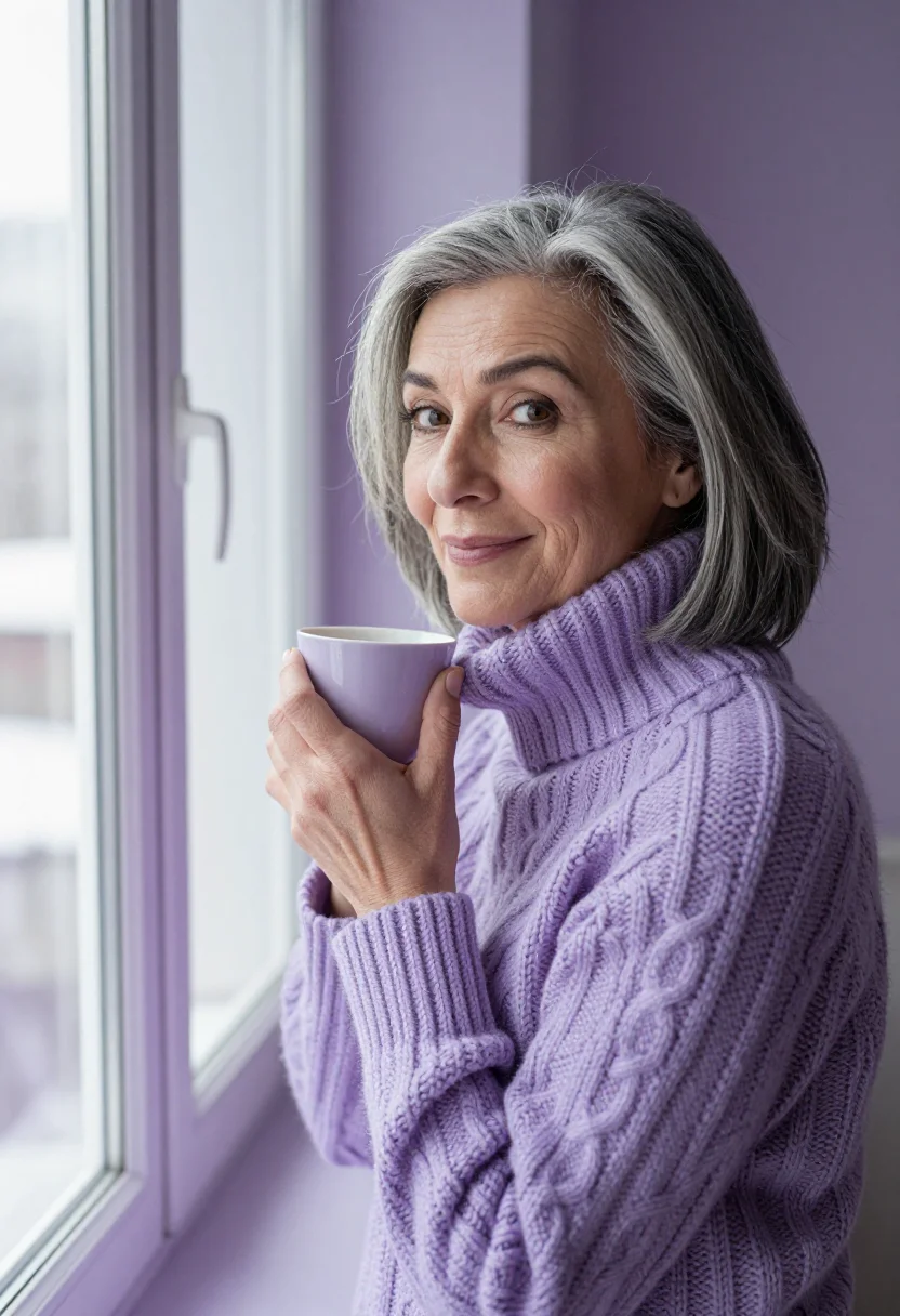 AI silver bob lilac knit sample — portrait of a woman, framed tight, head and shoulders, the b