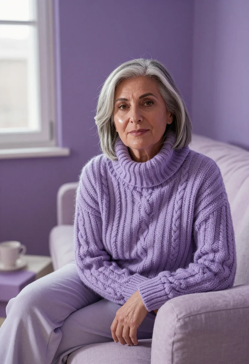 AI silver bob lilac knit sample — portrait of a woman, framed tight, head and shoulders, the b