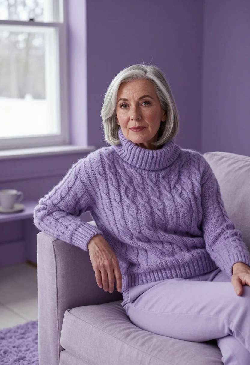 AI silver bob lilac knit sample — portrait of a woman, framed chest-up, the camera at eye heig