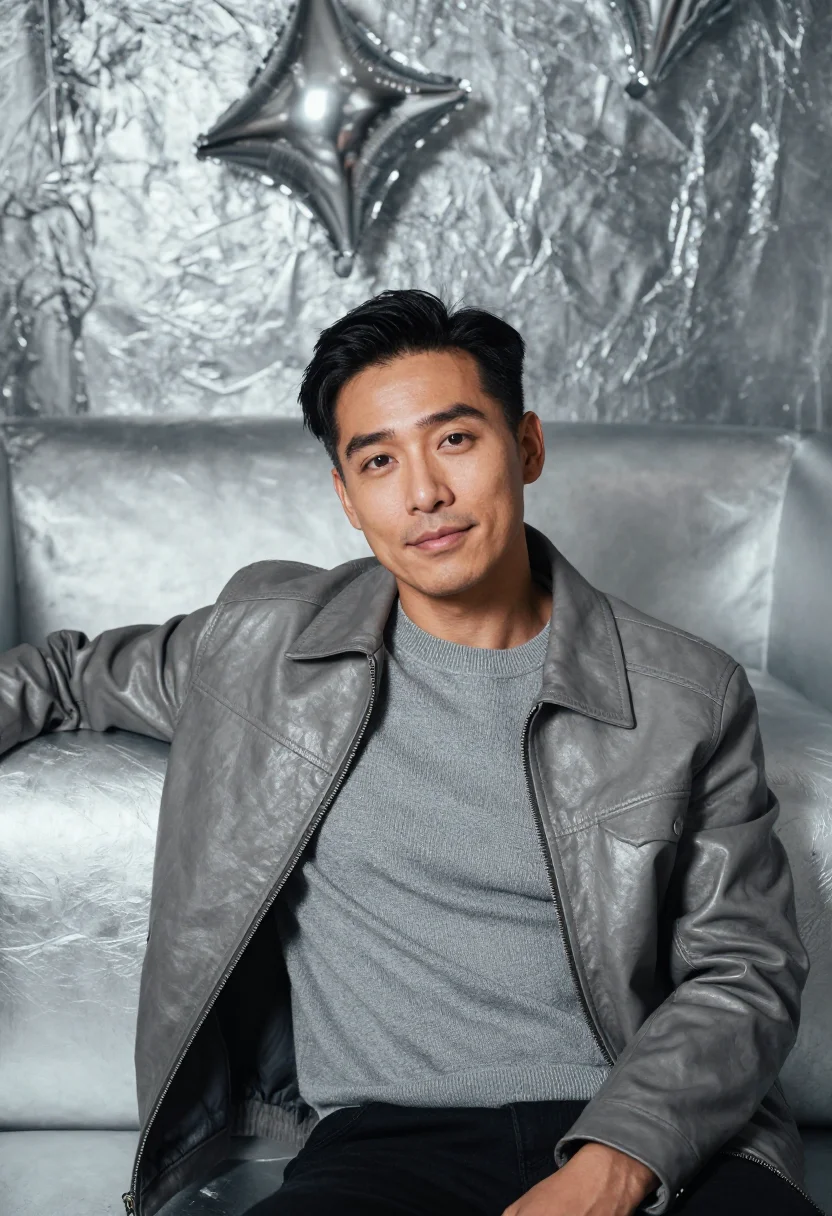 AI silver factory artist foil sample — portrait of a man, of Chinese descent, in his mid-thirties,