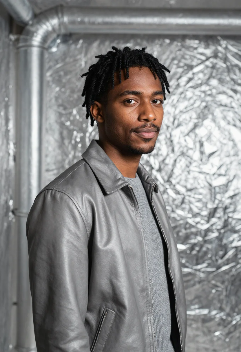 AI silver factory artist foil sample — portrait of a man, in his late twenties, with deep brown ski