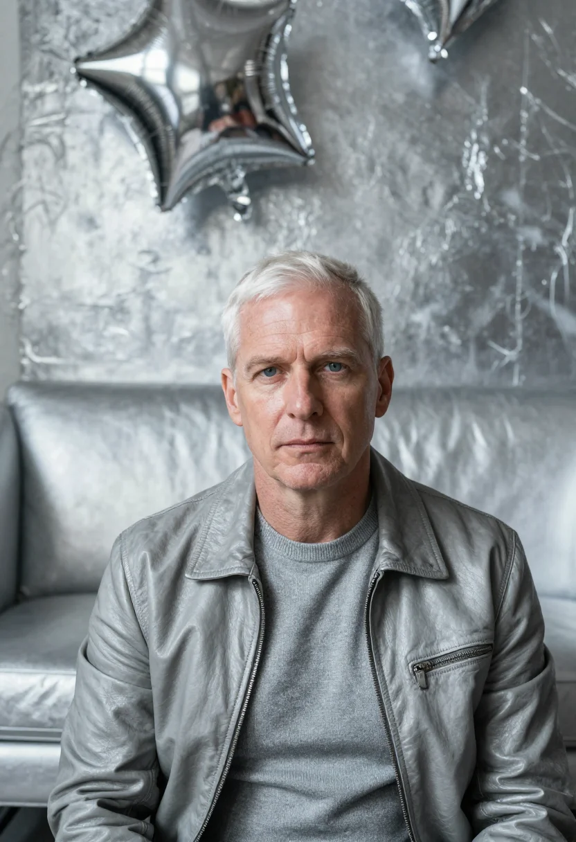 AI silver factory artist foil sample — portrait of a man, in his mid-fifties, with fair skin, blue