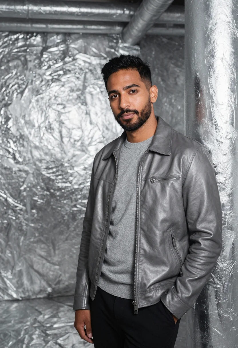 AI silver factory artist foil sample — portrait of a man, in his early forties, with olive skin, da