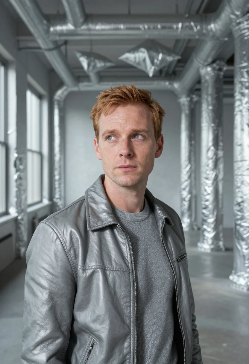 AI silver factory artist foil sample — portrait of a man, in his early forties, with pale freckled