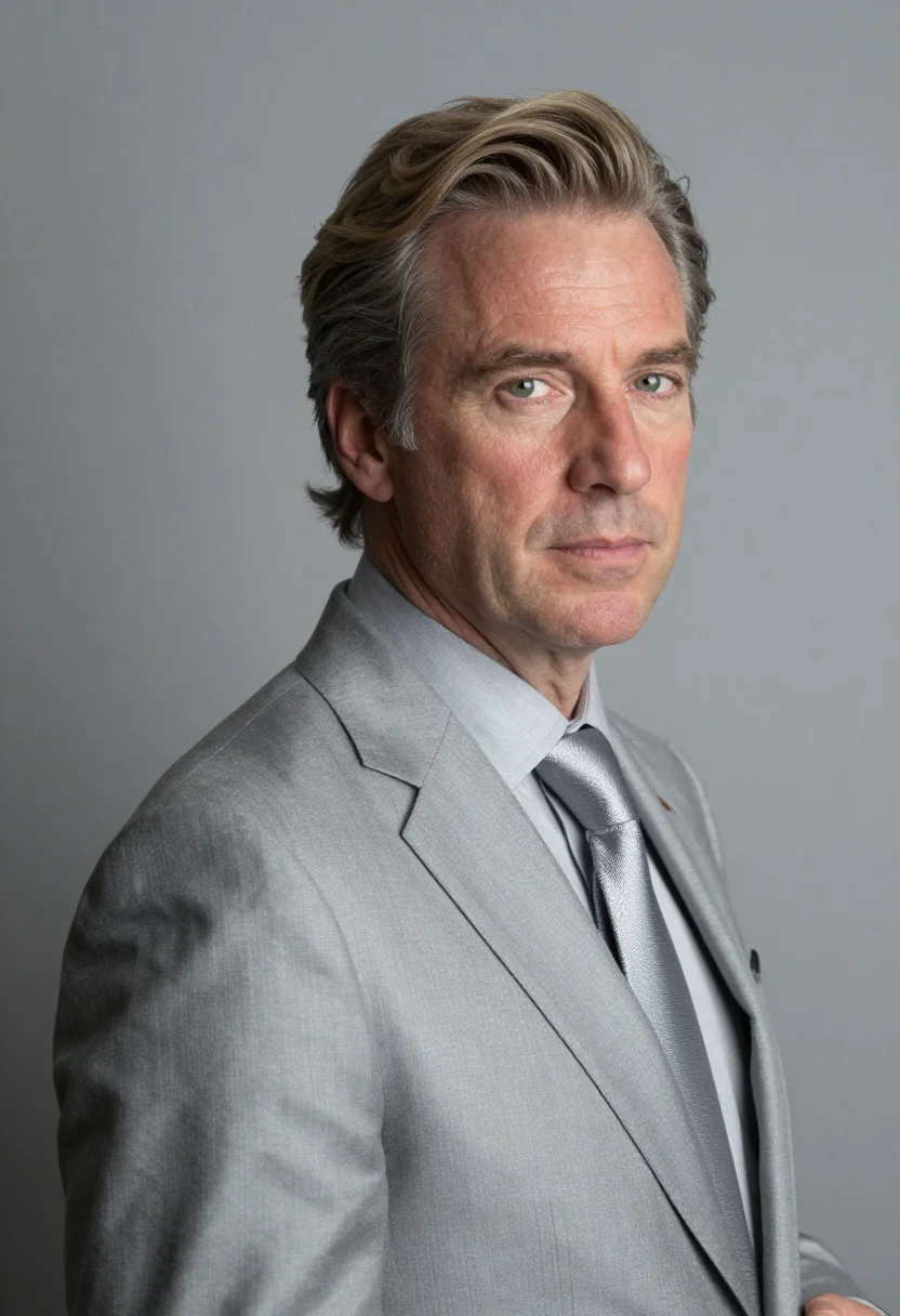 AI silver grey suit headshot sample — portrait of a man, head-and-shoulders portrait of a Western-