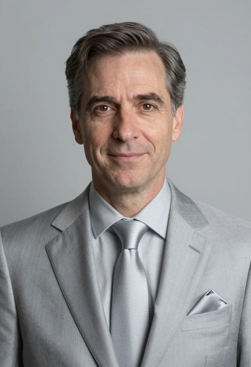 AI silver grey suit headshot sample — portrait of a man, head-and-shoulders portrait of a Western-