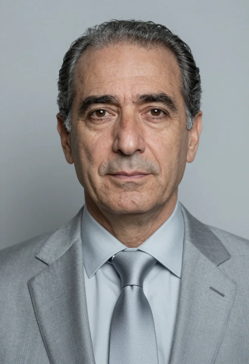 AI silver grey suit headshot sample — portrait of a man, chest-up portrait of a Southern-European