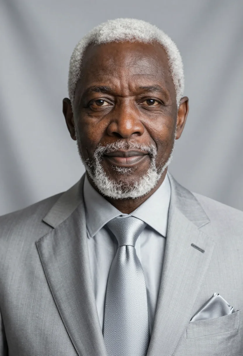 AI silver grey suit headshot sample — portrait of a man, close headshot portrait of a West-African