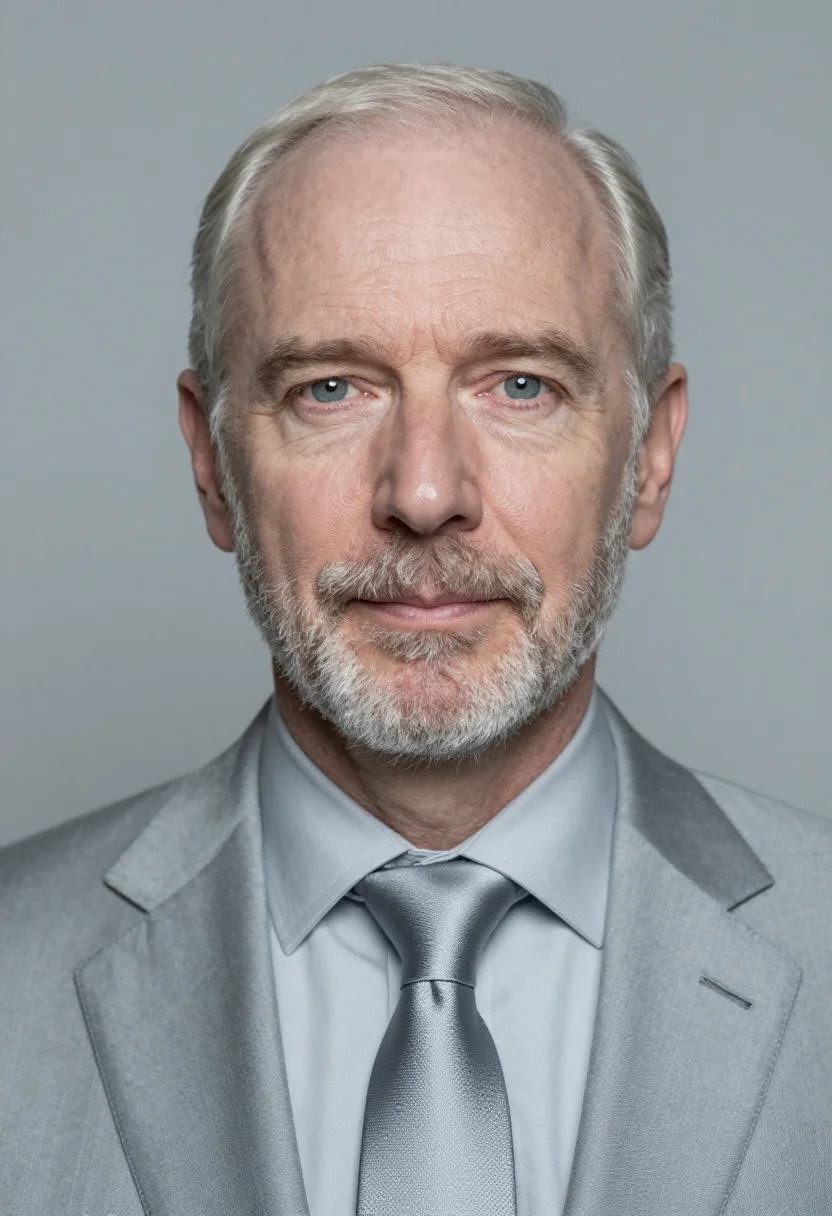 AI silver grey suit headshot sample — portrait of a man, very tight headshot portrait of a Norther
