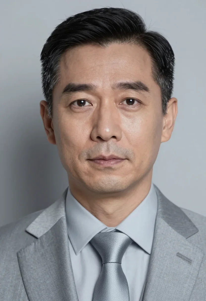 AI silver grey suit headshot sample — portrait of a man, tight headshot portrait of an East-Asian