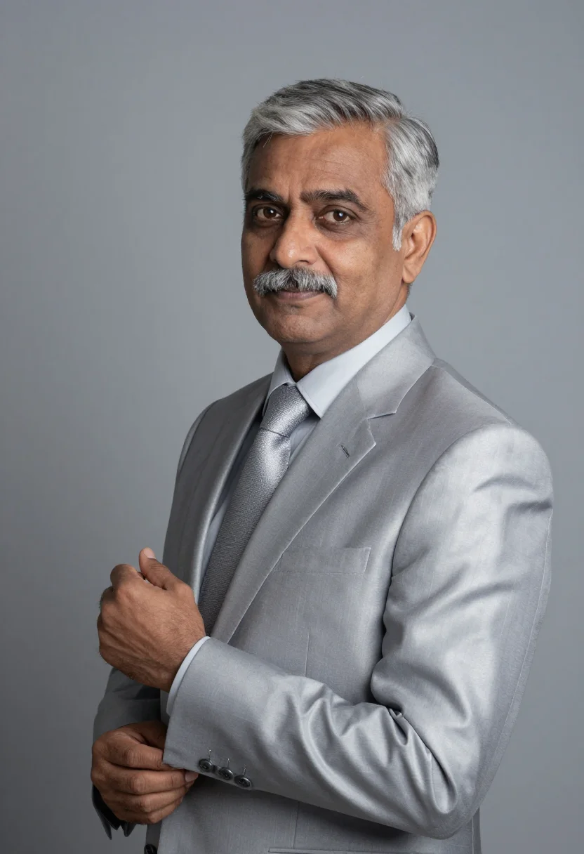 AI silver grey suit headshot sample — portrait of a man, chest-up portrait of a South-Asian man in