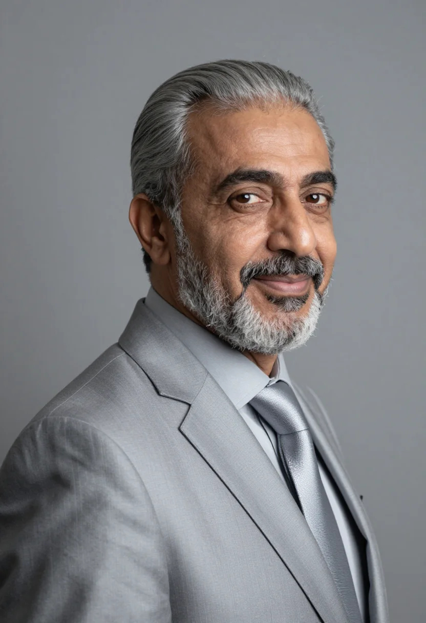 AI silver grey suit headshot sample — portrait of a man, close headshot portrait of a Middle-Easte