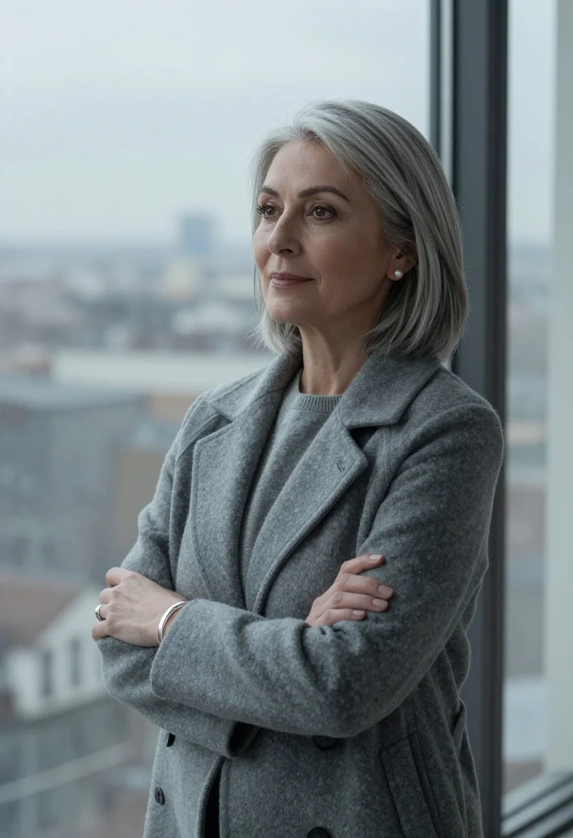 AI silver hair cashmere grey sample — portrait of a woman, framed chest-up from the ribs, the body