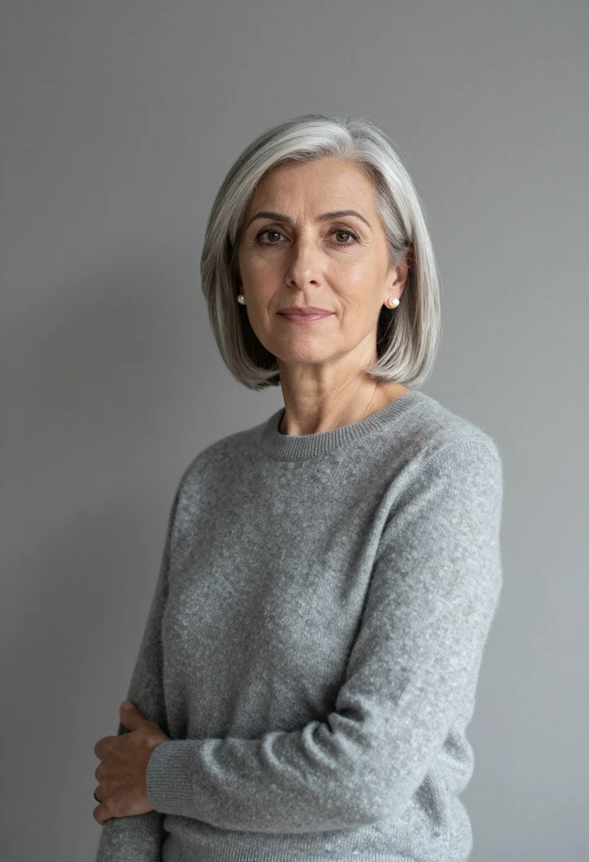AI silver hair cashmere grey sample — portrait of a woman, framed half-length from the waist up be