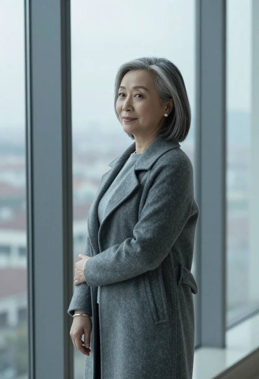 AI silver hair cashmere grey sample — portrait of a woman, framed half-length from the hips up bes
