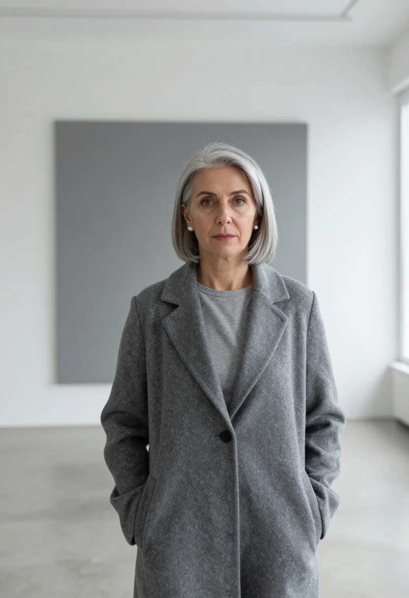 AI silver hair cashmere grey sample — portrait of a woman, framed tight, head and shoulders, the b