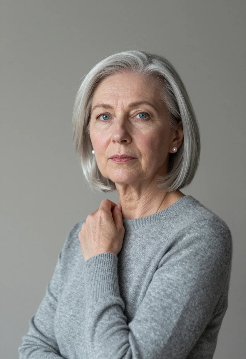 AI silver hair cashmere grey sample — portrait of a woman, framed chest-up from the ribs, the body