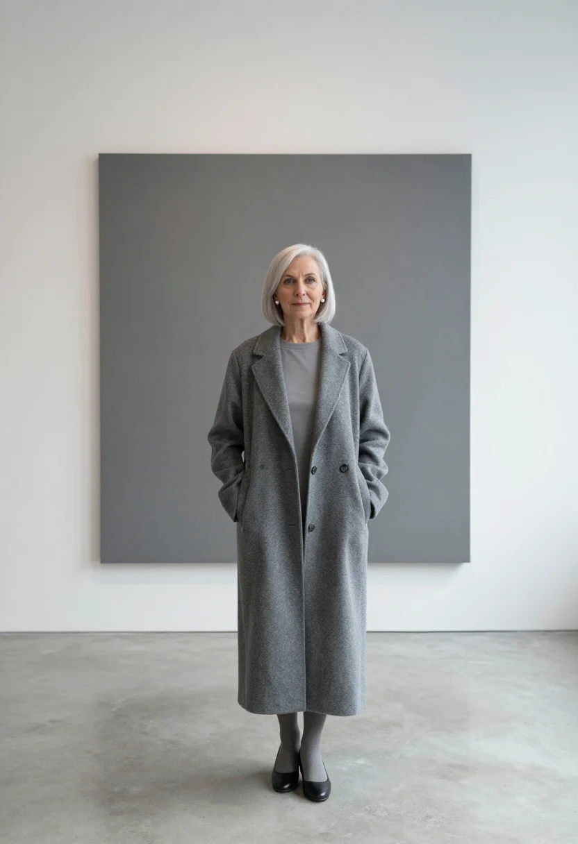 AI silver hair cashmere grey sample — portrait of a woman, framed wide and full-length across the