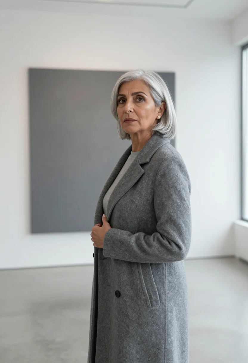 AI silver hair cashmere grey sample — portrait of a woman, framed chest-up from the ribs, the body