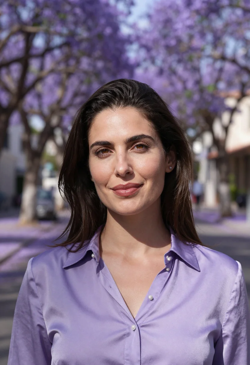 AI silver lake actress jacaranda sample — portrait of a woman, framed tight, head and shoulders, the b