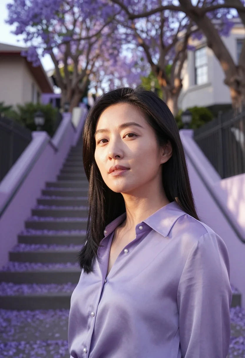 AI silver lake actress jacaranda sample — portrait of a woman, framed chest-up, cropped at the mid-che