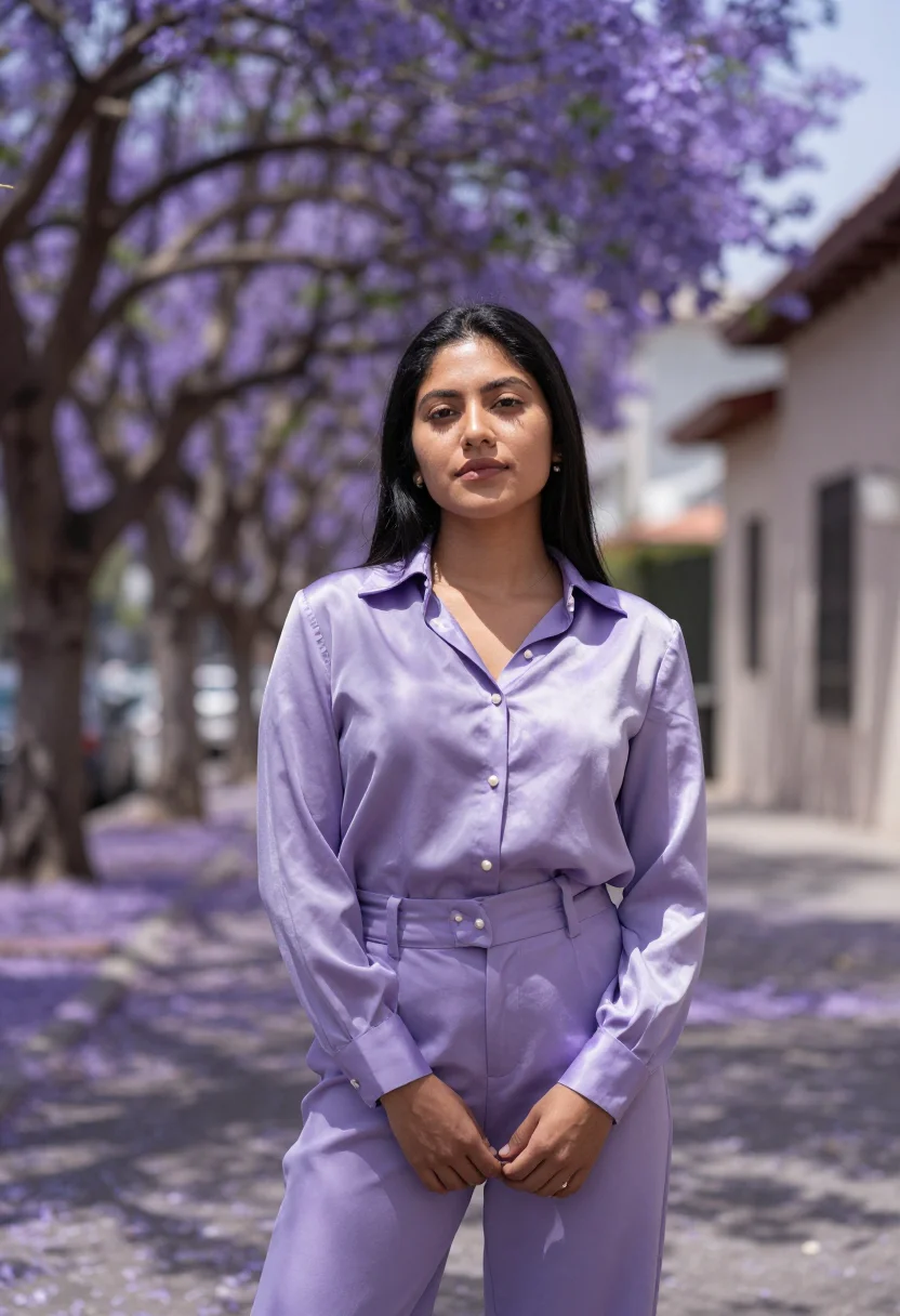 AI silver lake actress jacaranda sample — portrait of a woman, framed half-length, cropped at the wais