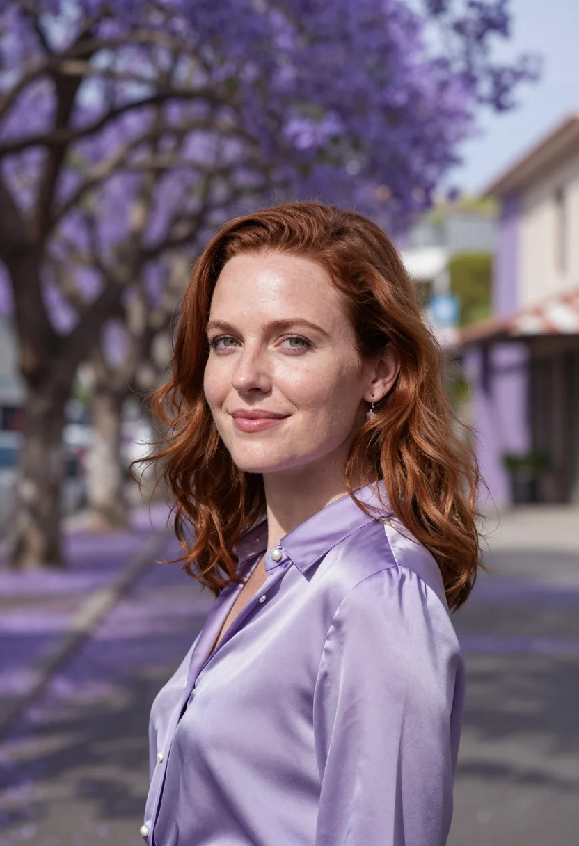 AI silver lake actress jacaranda sample — portrait of a woman, framed chest-up, cropped at the mid-che