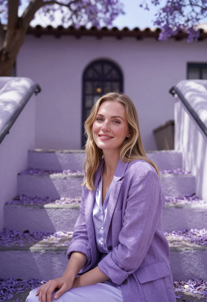 AI silver lake actress jacaranda sample — portrait of a woman, framed half-length, cropped at the wais